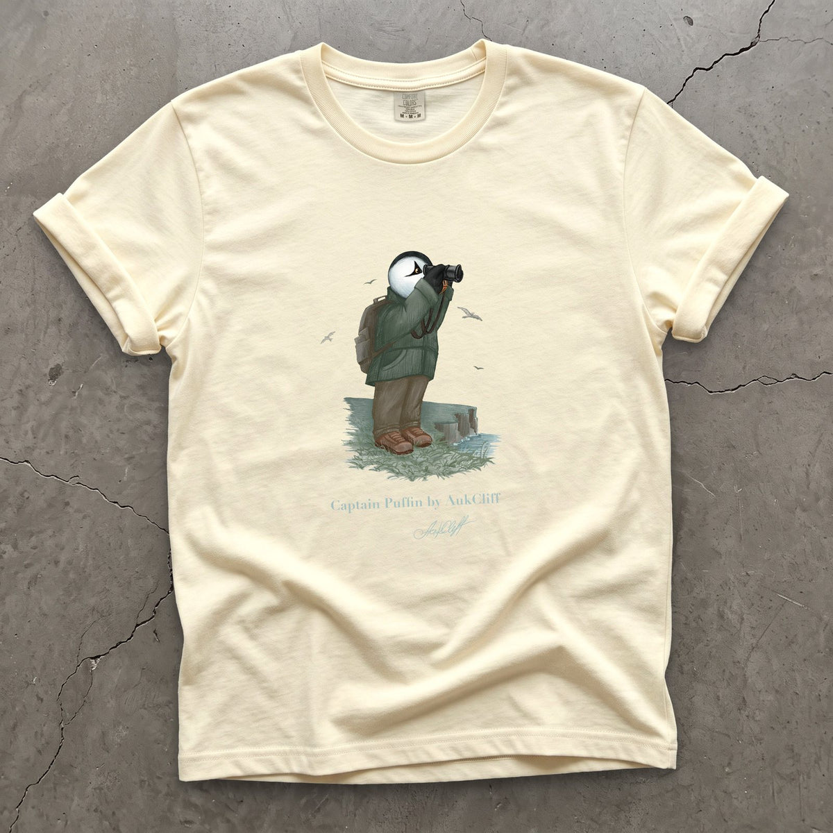 Captain Puffin Coastal Birder on a Ivory Comfort Colors t-shirt