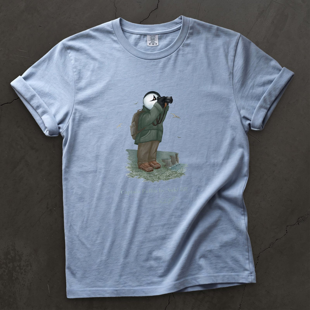 Captain Puffin Coastal Birder on a Washed Denim Comfort Colors t-shirt