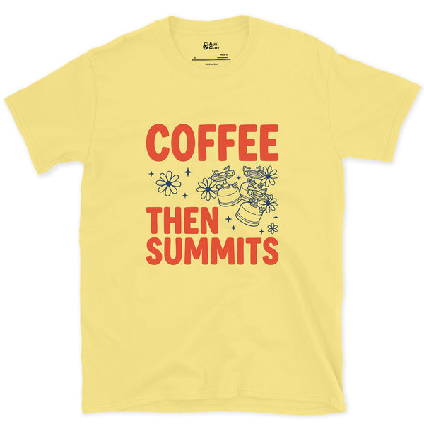 Coffee Then Summits, In That Order design on a Cornsilk Gildan Softstyle t-shirt