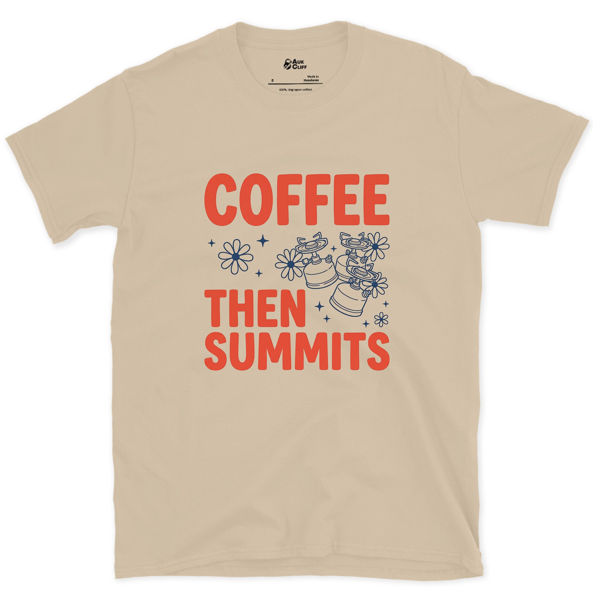 Coffee Then Summits, In That Order design on a Sand Gildan Softstyle t-shirt