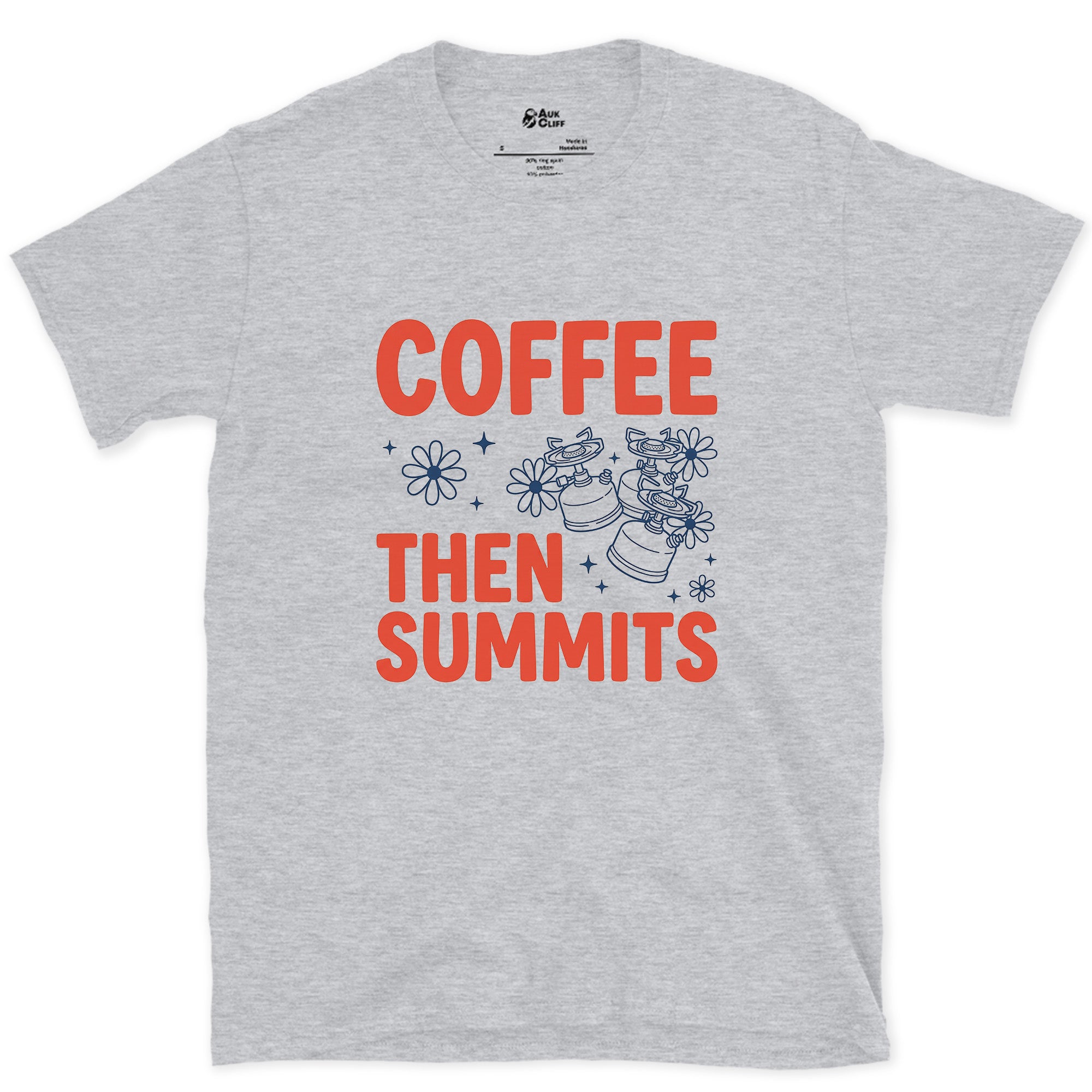 Coffee Then Summits, In That Order design on a Sport Grey Gildan Softstyle t-shirt