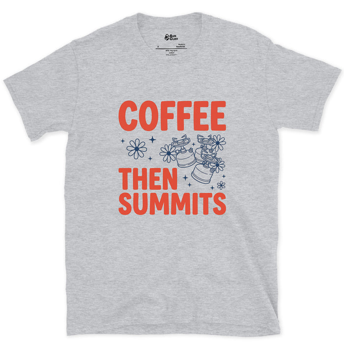 Coffee Then Summits, In That Order design on a Sport Grey Gildan Softstyle t-shirt