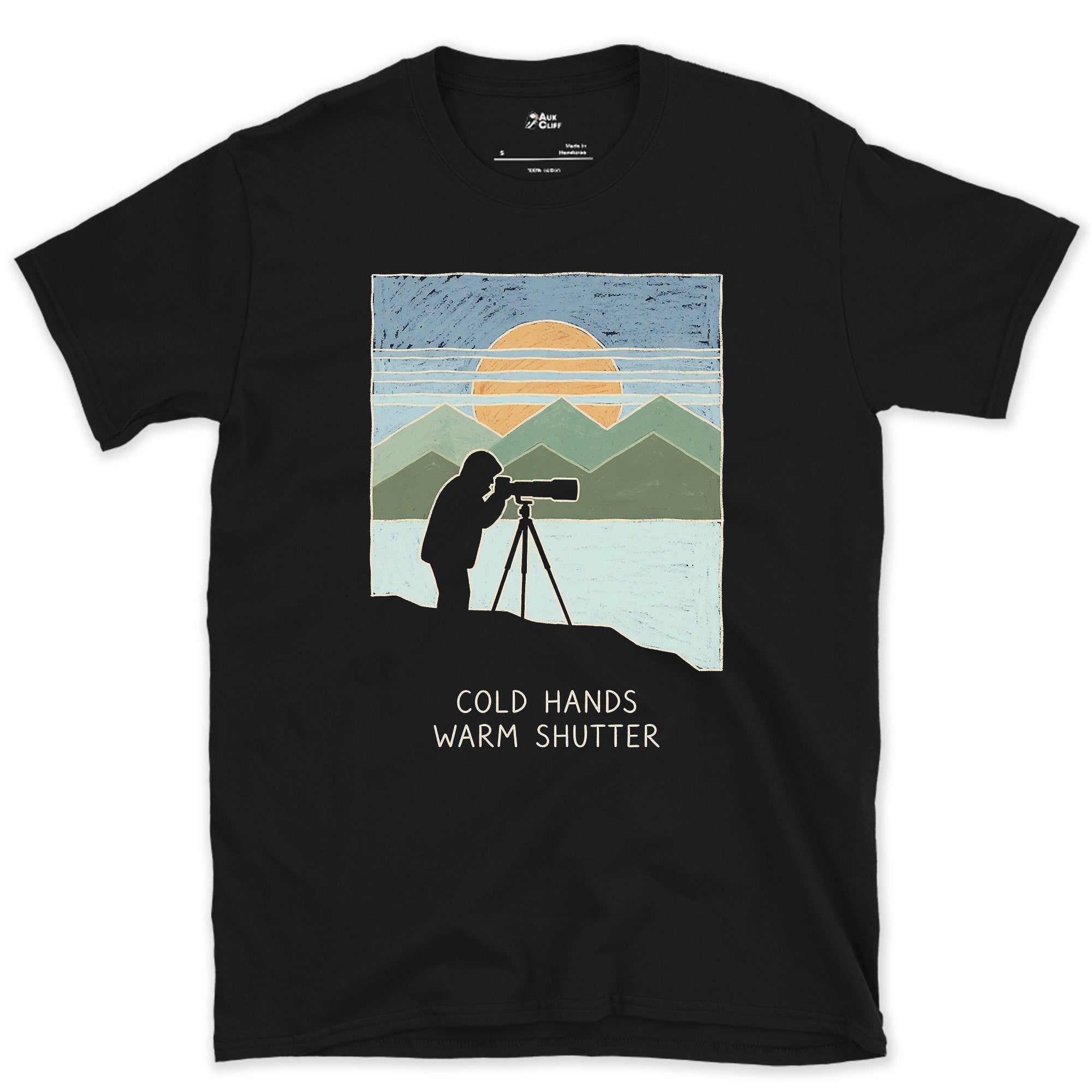 Cold Hands, Warm Shutter design on a Black Gildan Softstyle t-shirt