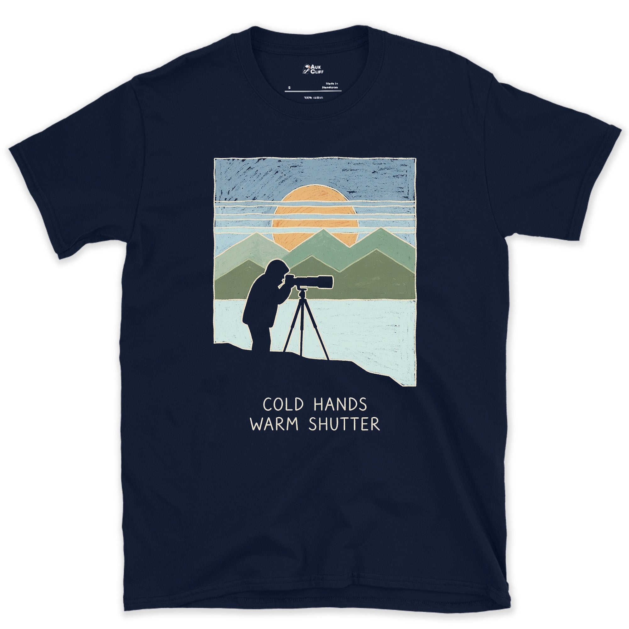Cold Hands, Warm Shutter design on a Navy Gildan Softstyle t-shirt