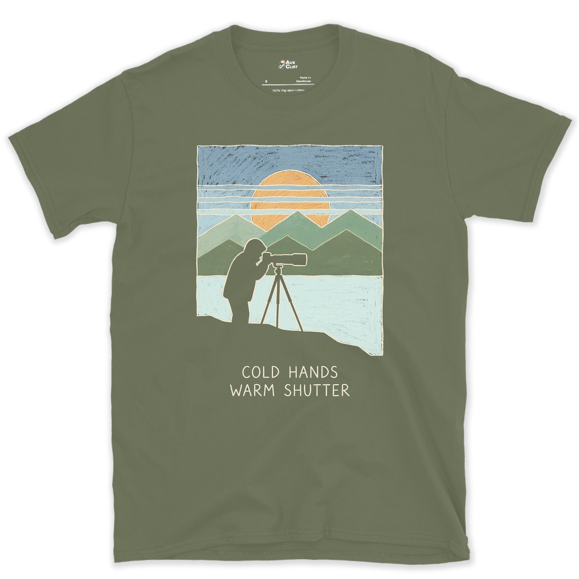 Cold Hands, Warm Shutter design on a Military Green Gildan Softstyle t-shirt