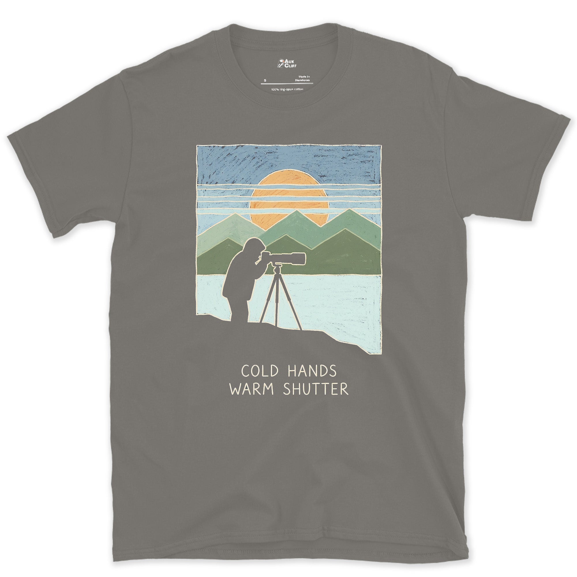 Cold Hands, Warm Shutter design on a Charcoal Gildan Softstyle t-shirt