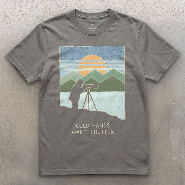 Cold Hands, Warm Shutter design on a Charcoal Gildan Softstyle t-shirt