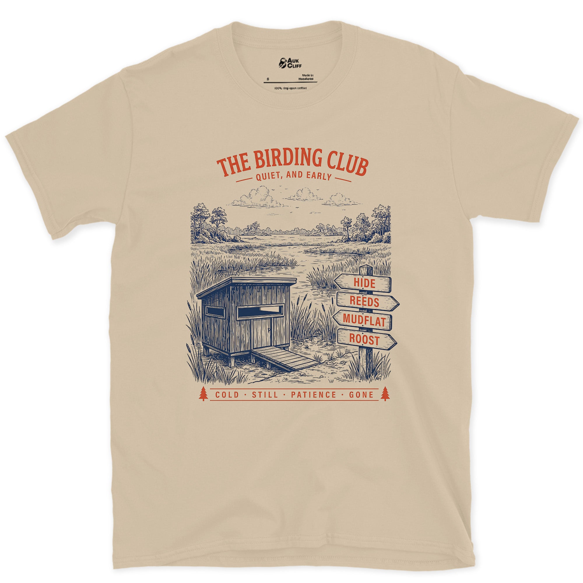 Quiet and Early, Hide by the Signpost design on a Sand Gildan Softstyle t-shirt