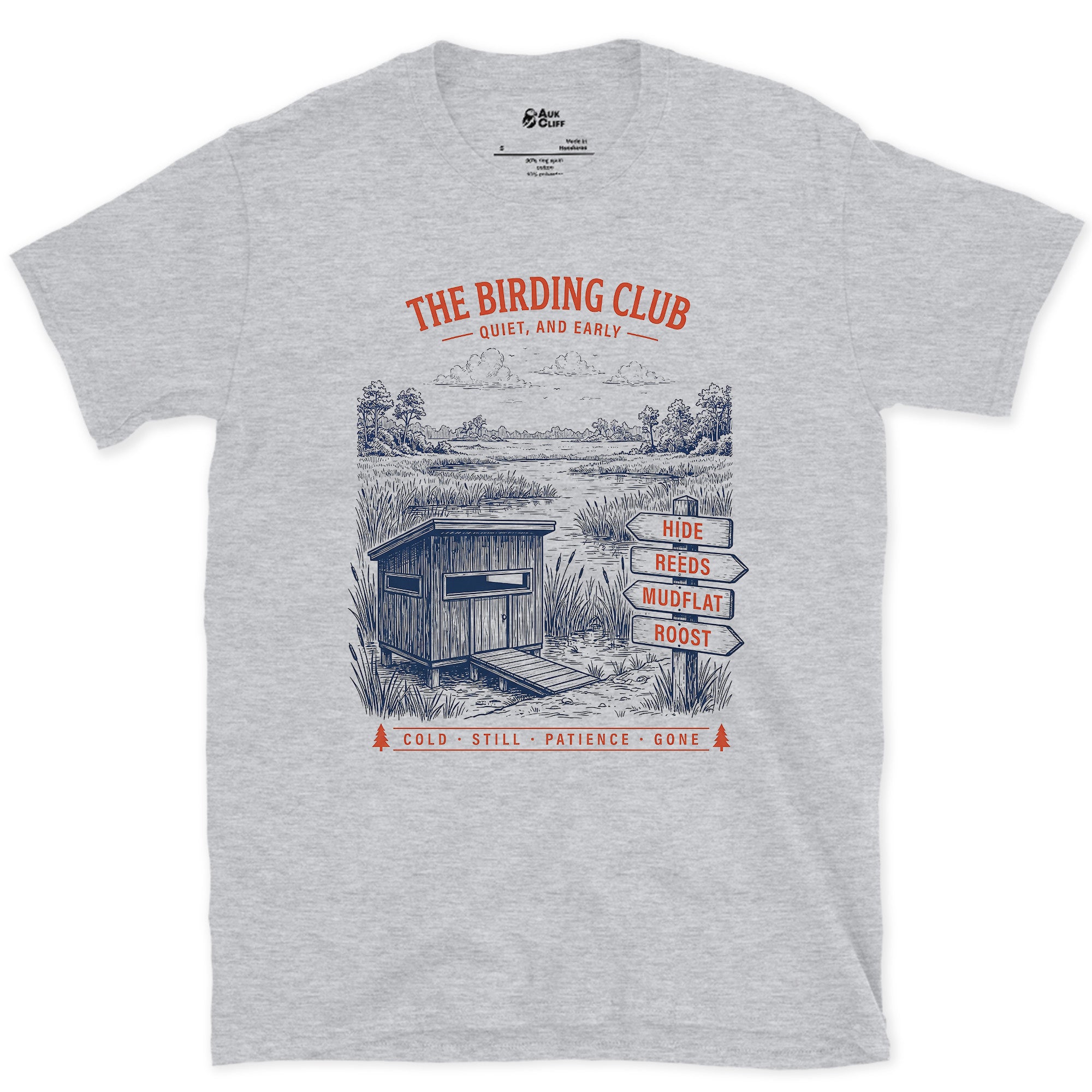 Quiet and Early, Hide by the Signpost design on a Sport Grey Gildan Softstyle t-shirt