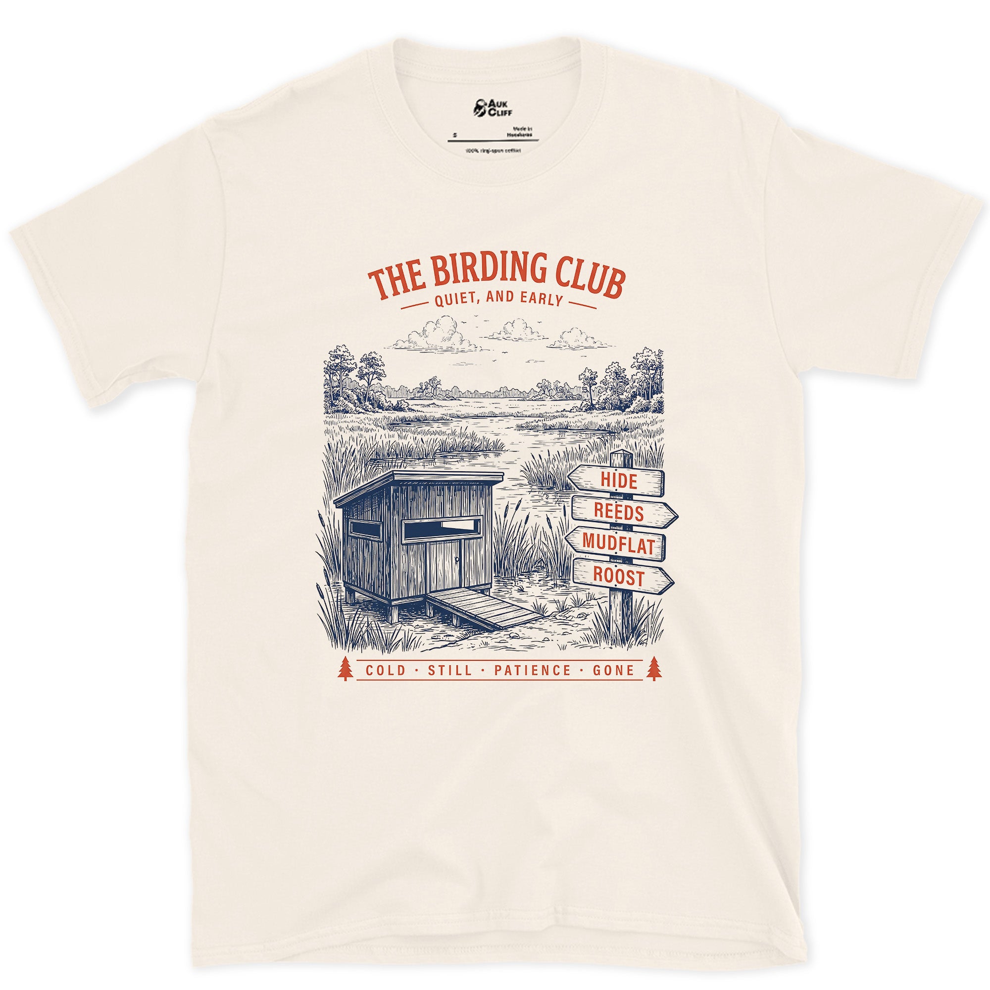 Quiet and Early, Hide by the Signpost design on a Natural Gildan Softstyle t-shirt