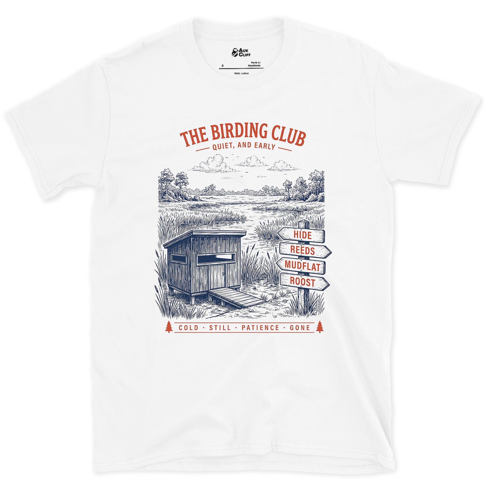 Quiet and Early, Hide by the Signpost design on a White Gildan Softstyle t-shirt