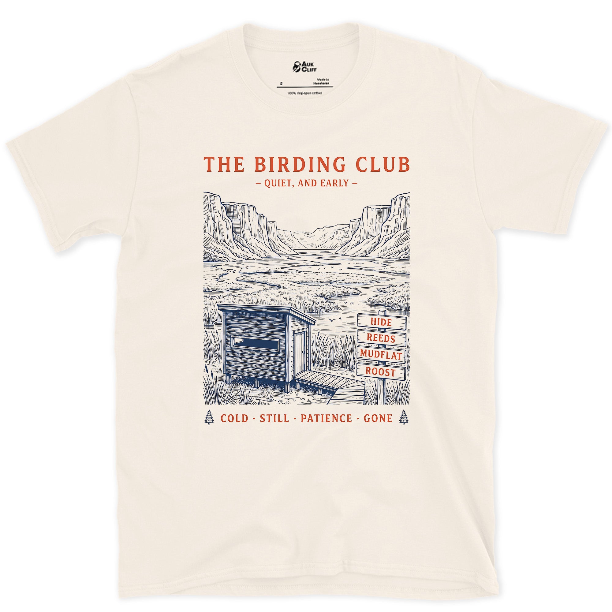 The Birding Club, Quiet and Early Signpost, Wide Serif design on a Natural Gildan Softstyle t-shirt
