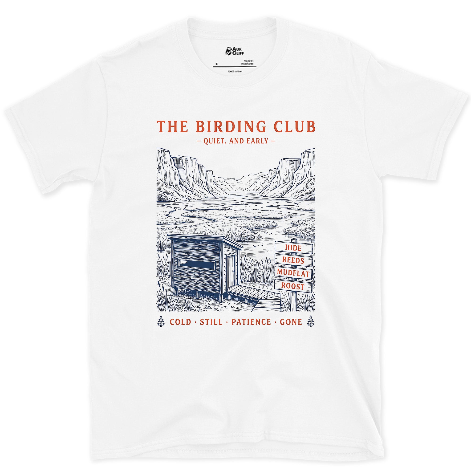 The Birding Club, Quiet and Early Signpost, Wide Serif design on a White Gildan Softstyle t-shirt