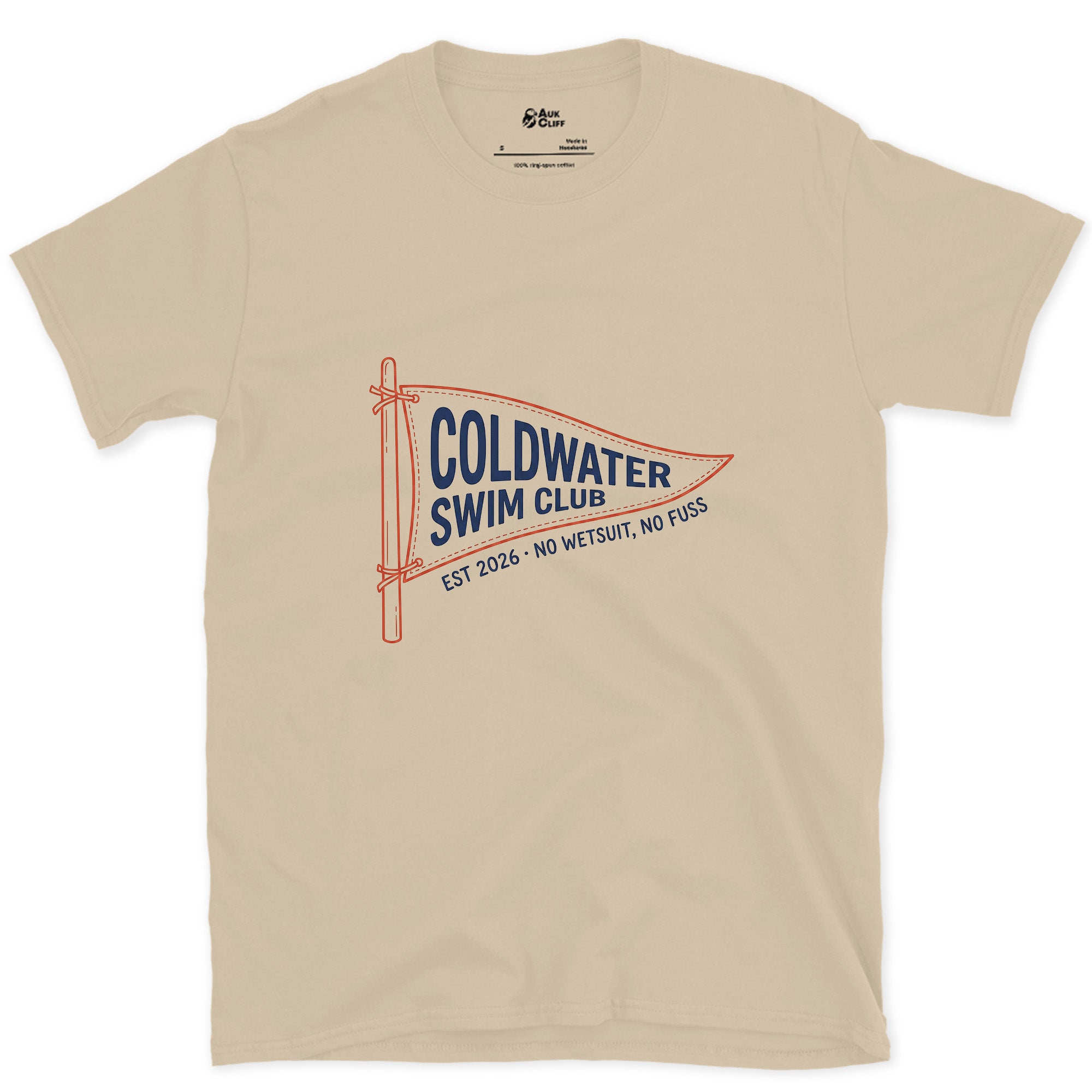 Coldwater Swim Club, No Wetsuit No Fuss design on a Sand Gildan Softstyle t-shirt