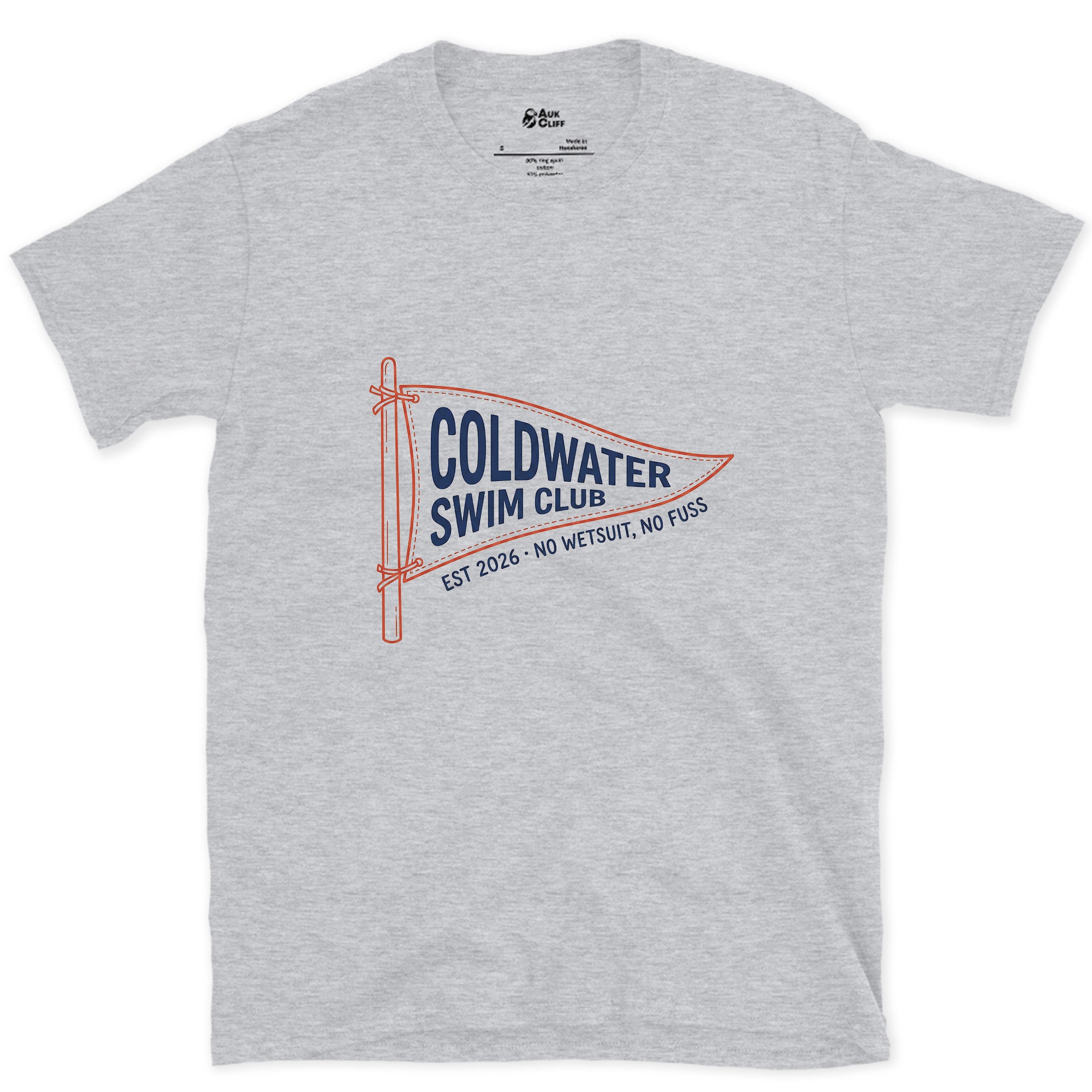 Coldwater Swim Club, No Wetsuit No Fuss design on a Sport Grey Gildan Softstyle t-shirt