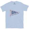 Coldwater Swim Club, No Wetsuit No Fuss design on a Light Blue Gildan Softstyle t-shirt