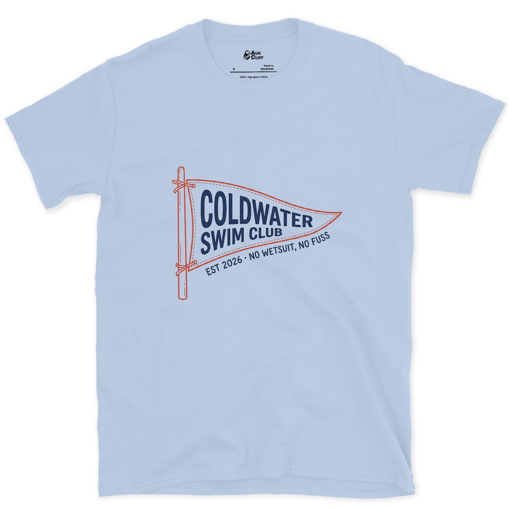 Coldwater Swim Club, No Wetsuit No Fuss design on a Light Blue Gildan Softstyle t-shirt