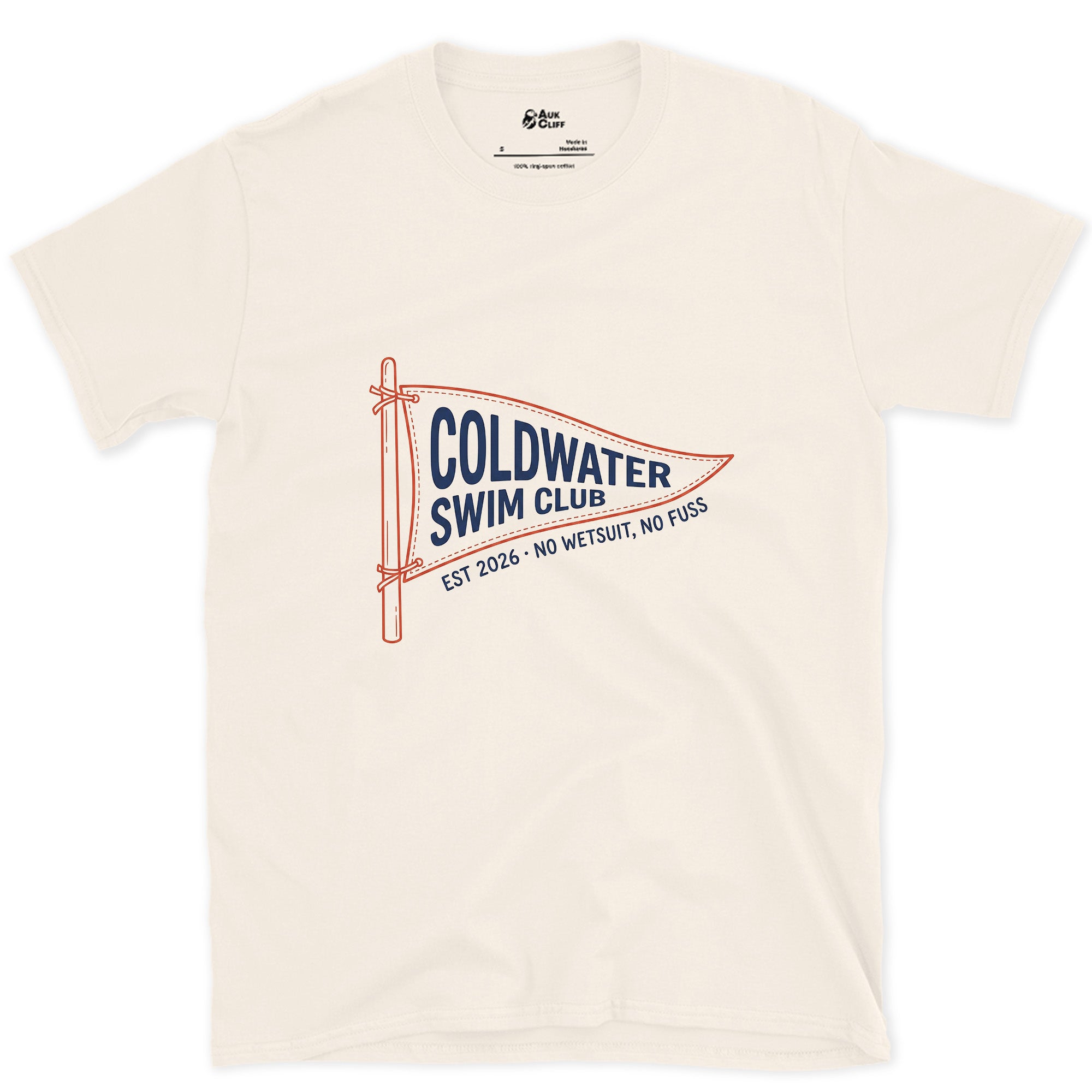 Coldwater Swim Club, No Wetsuit No Fuss design on a Natural Gildan Softstyle t-shirt