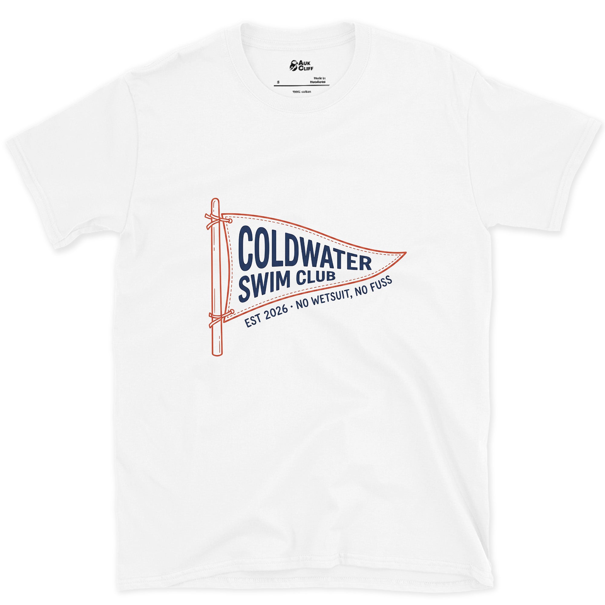 Coldwater Swim Club, No Wetsuit No Fuss design on a White Gildan Softstyle t-shirt