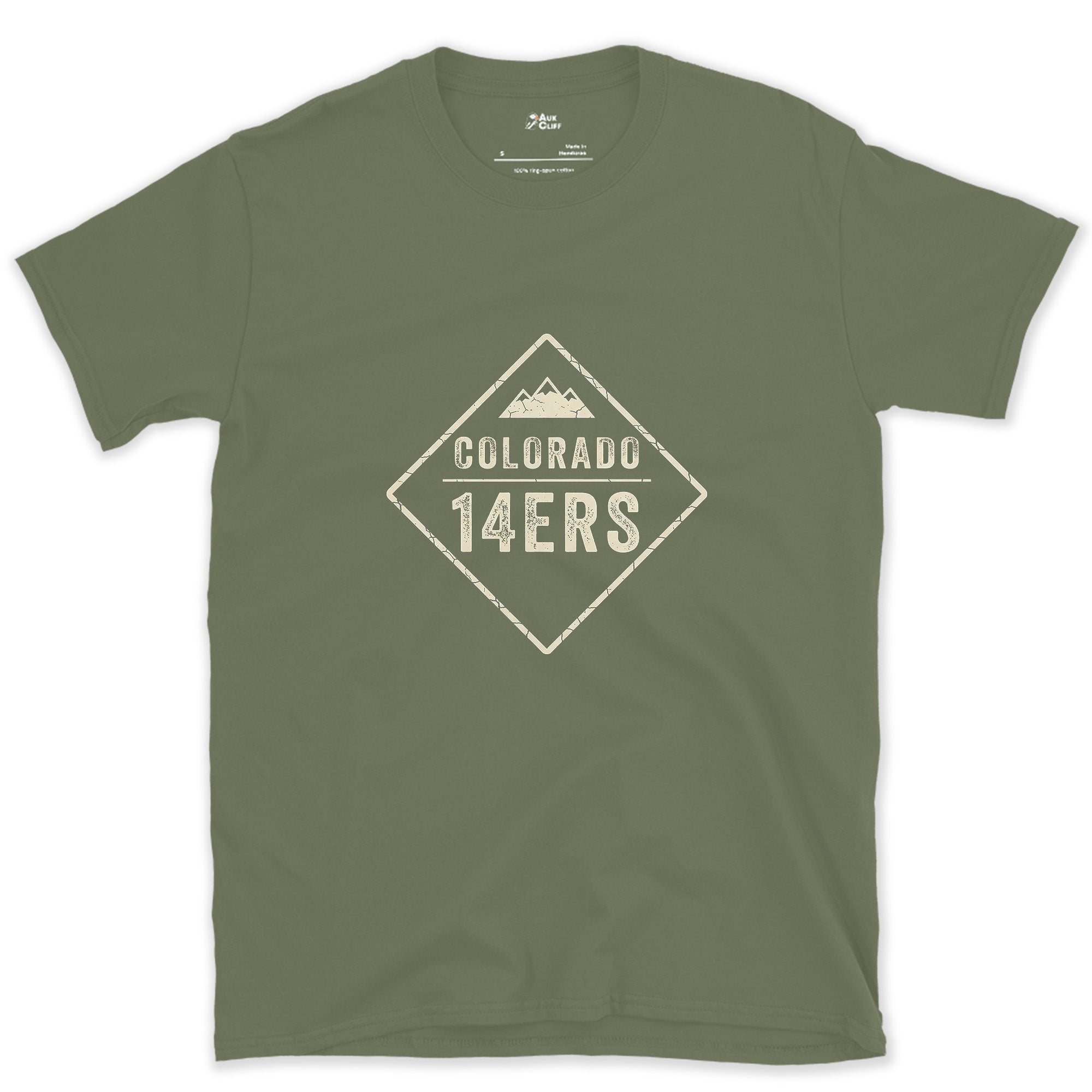 Diamond Cut, Colorado's 14ers design on a Military Green Gildan Softstyle t-shirt