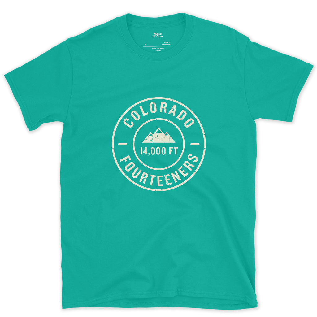 Colorado Fourteeners Start at the Entry Point design on a Jade Dome Gildan Softstyle t-shirt