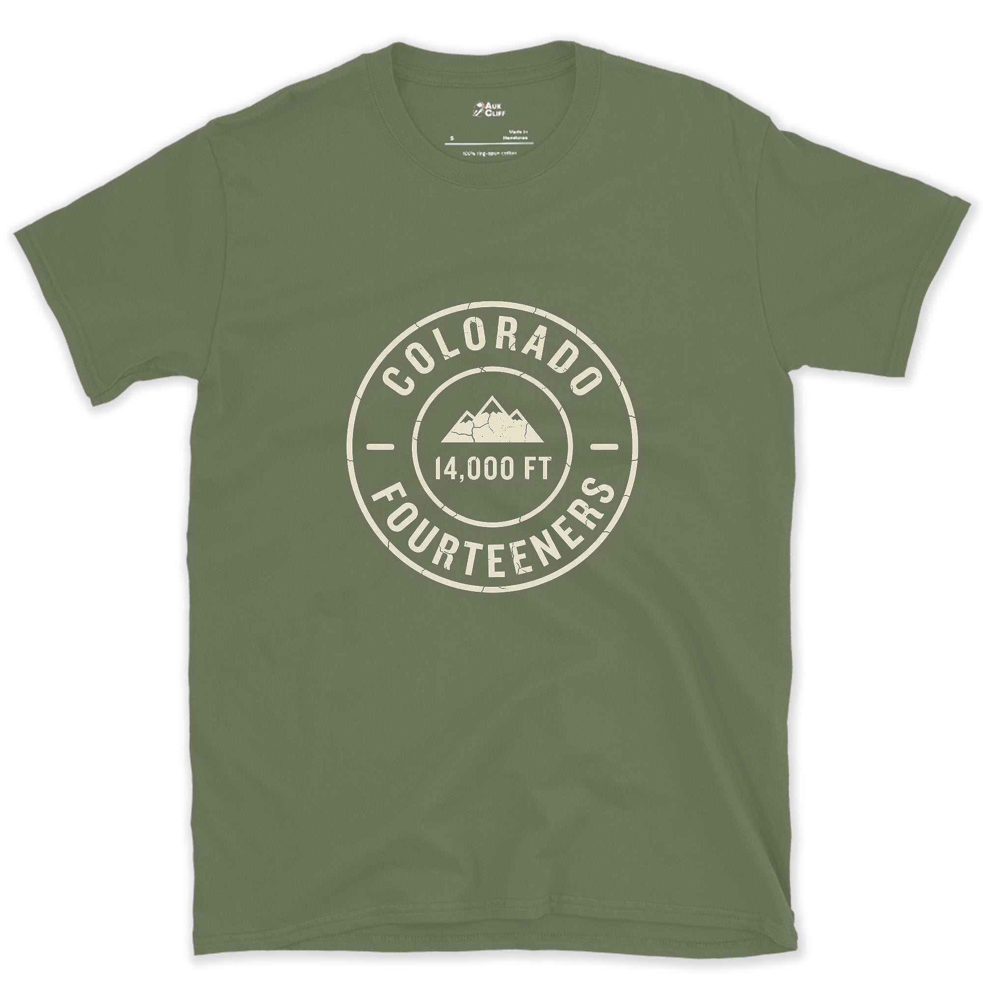 Colorado Fourteeners Start at the Entry Point design on a Military Green Gildan Softstyle t-shirt