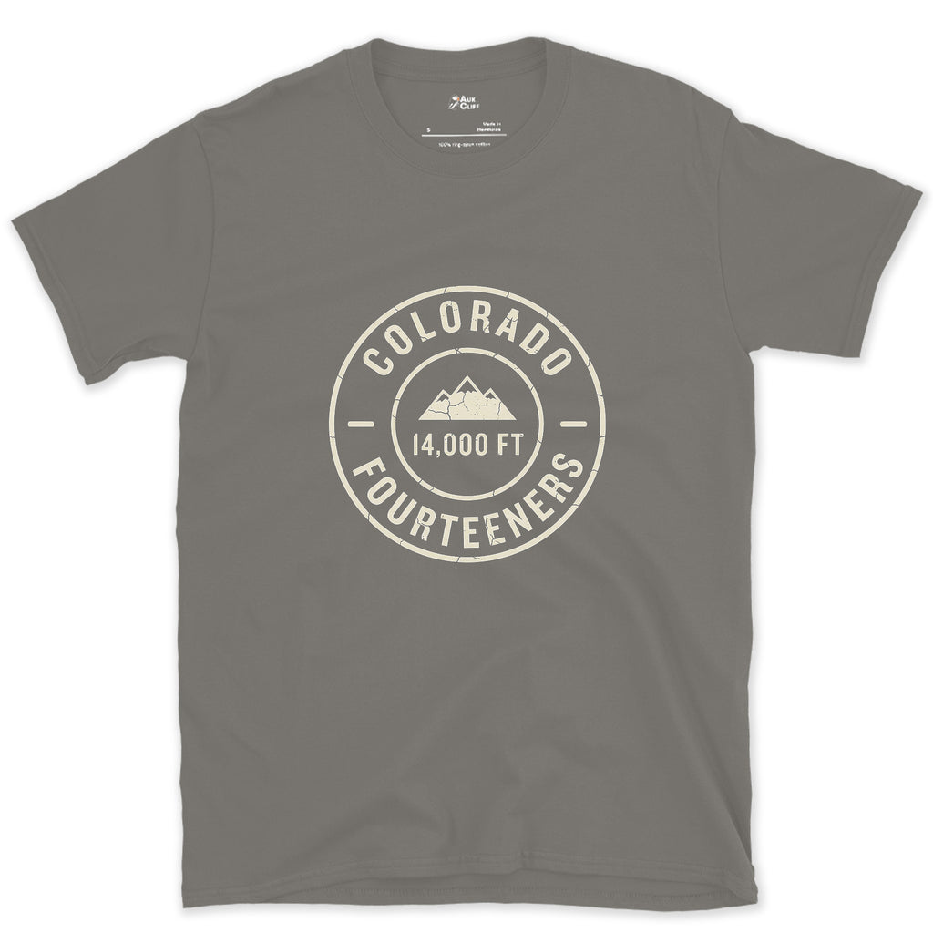 Colorado Fourteeners Start at the Entry Point design on a Charcoal Gildan Softstyle t-shirt