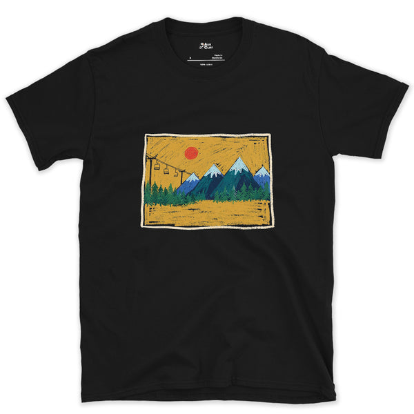 Colorado, Gondola Climbing Beneath a Red Sun design on a Black Gildan Softstyle t-shirt
