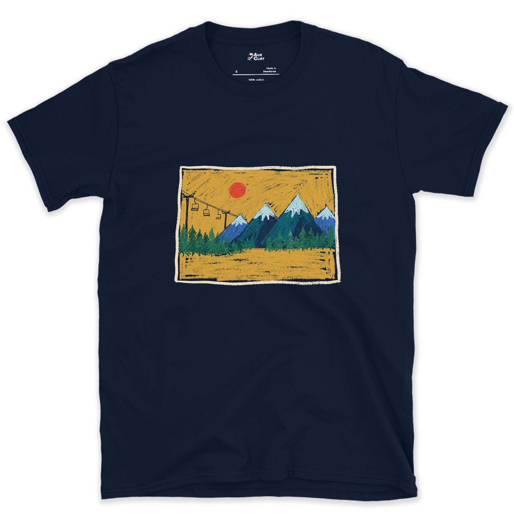 Colorado, Gondola Climbing Beneath a Red Sun design on a Navy Gildan Softstyle t-shirt