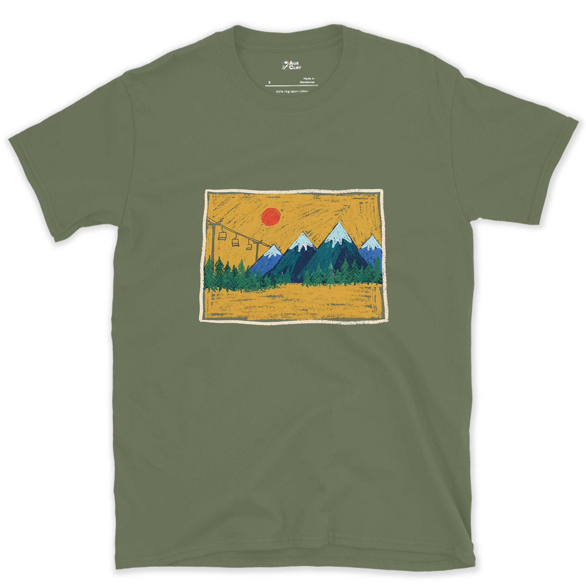 Colorado, Gondola Climbing Beneath a Red Sun design on a Military Green Gildan Softstyle t-shirt