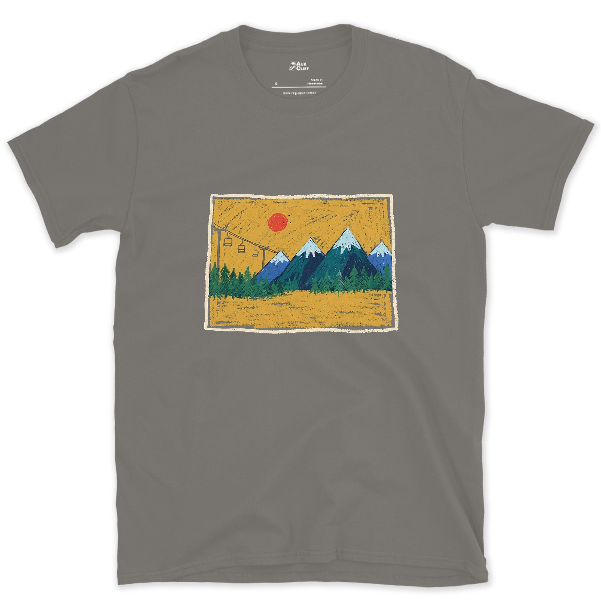 Colorado, Gondola Climbing Beneath a Red Sun design on a Charcoal Gildan Softstyle t-shirt