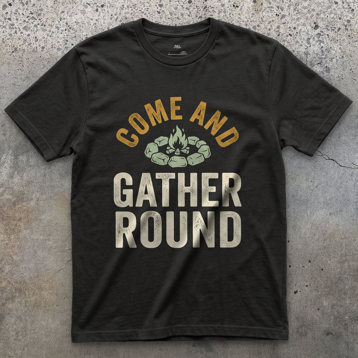 Come and Gather Round, Stone Ring Badge design on a Black Gildan Softstyle t-shirt
