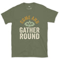 Come and Gather Round, Stone Ring Badge design on a Military Green Gildan Softstyle t-shirt