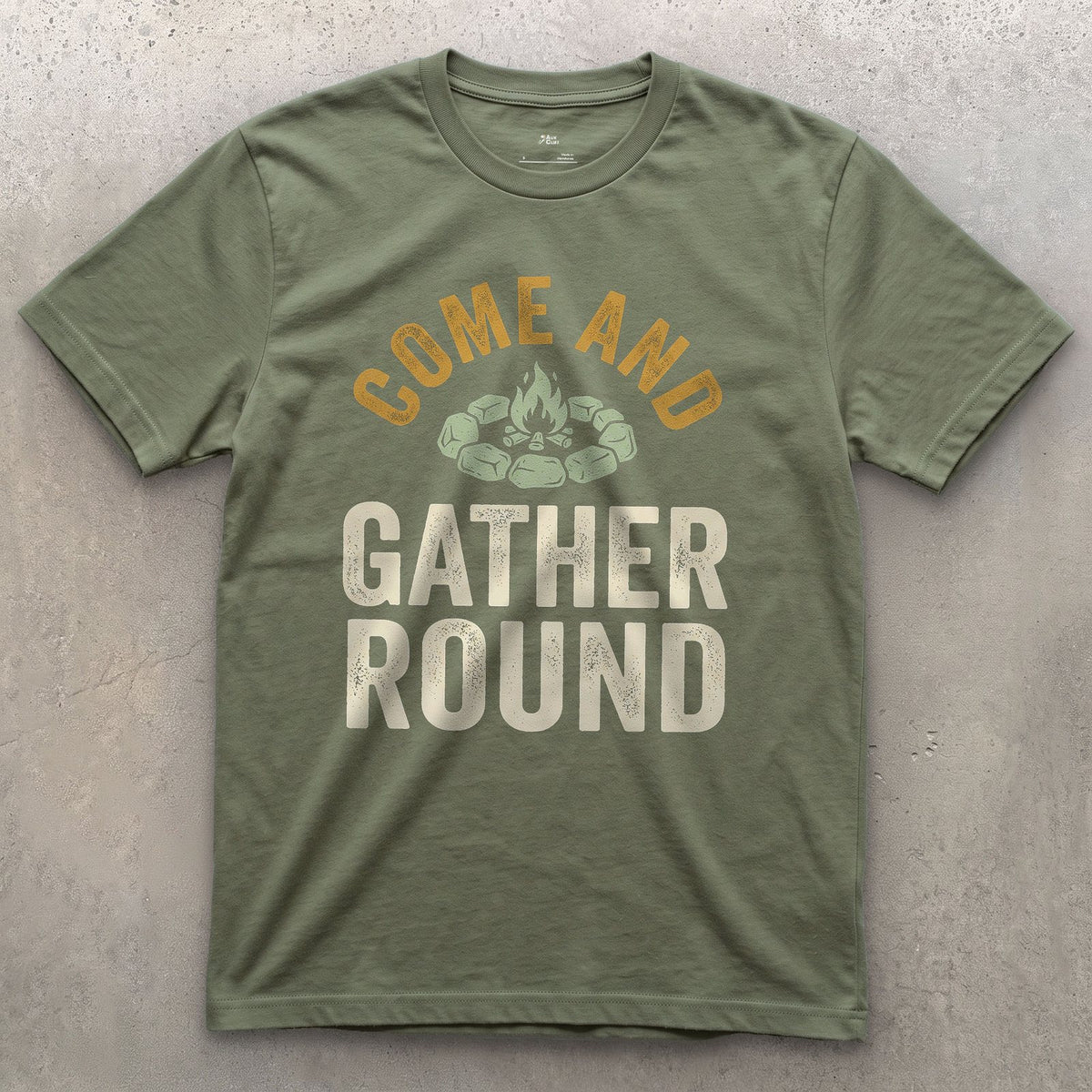 Come and Gather Round, Stone Ring Badge design on a Military Green Gildan Softstyle t-shirt