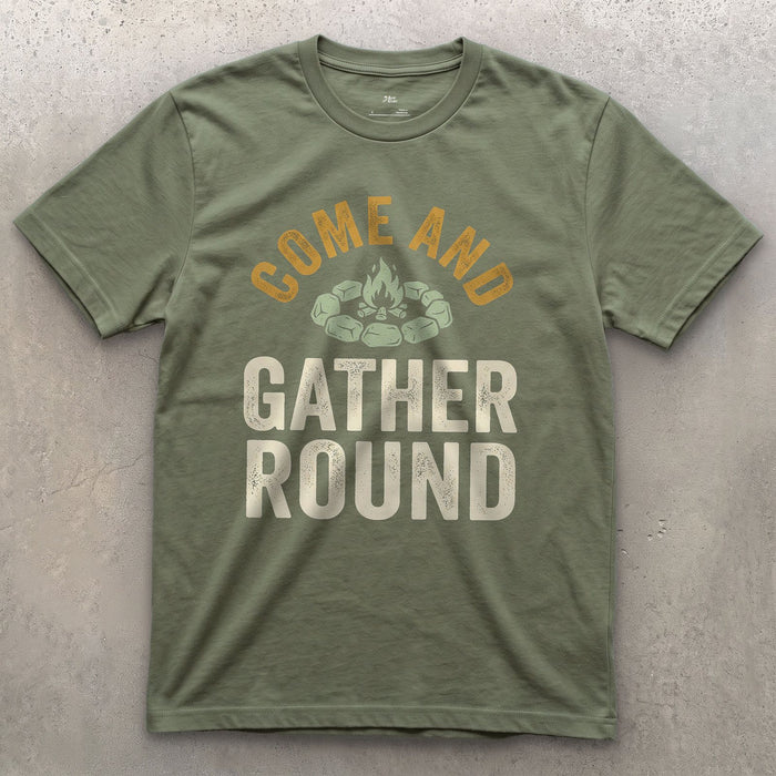 Come and Gather Round, Stone Ring Badge design on a Military Green Gildan Softstyle t-shirt