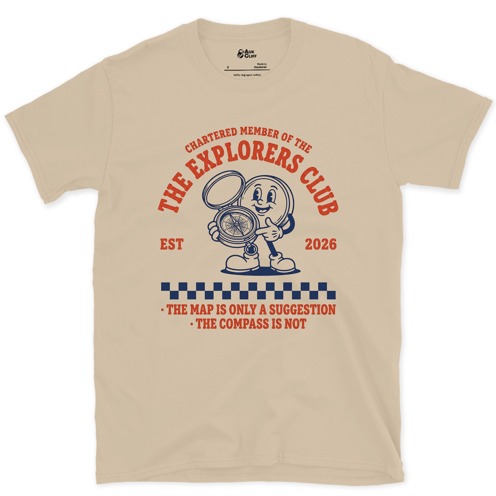 The Explorers Club, the Map Is Only a Suggestion design on a Sand Gildan Softstyle t-shirt