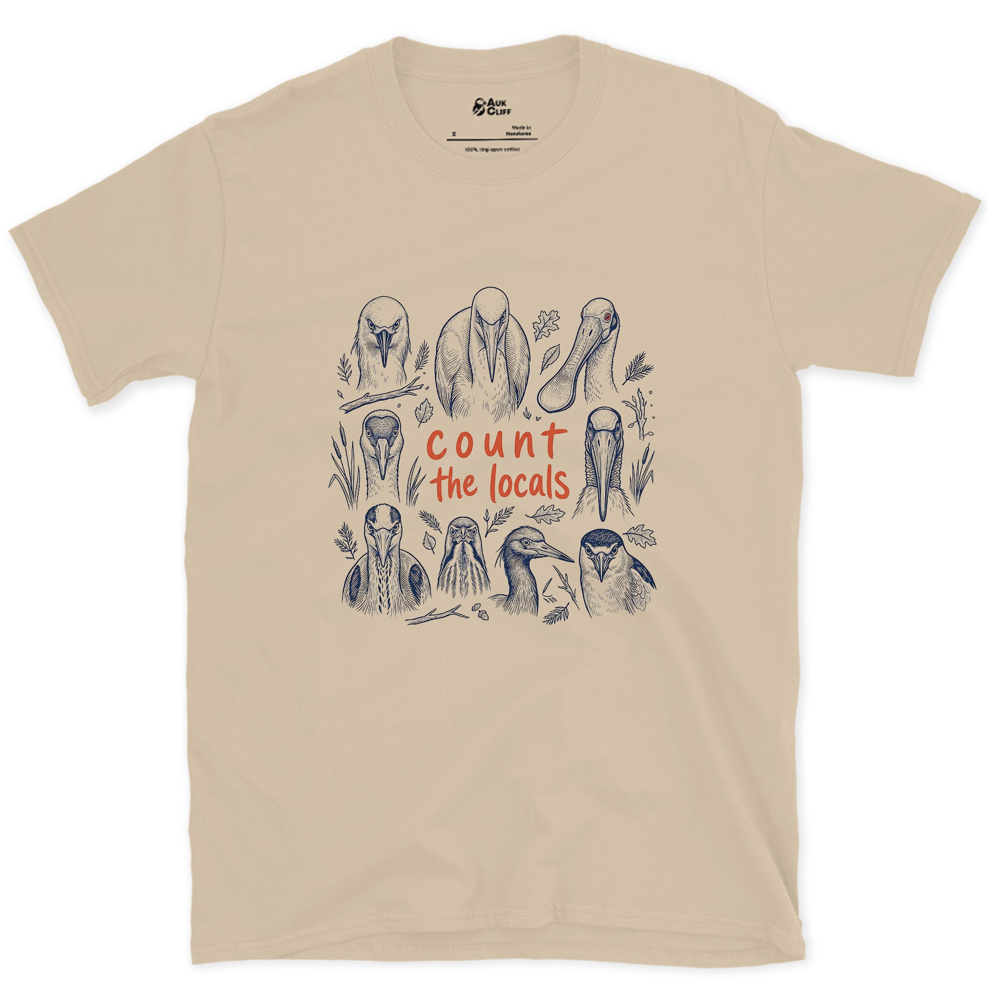Count the Locals, Seabird Grid With a Puffin design on a Sand Gildan Softstyle t-shirt