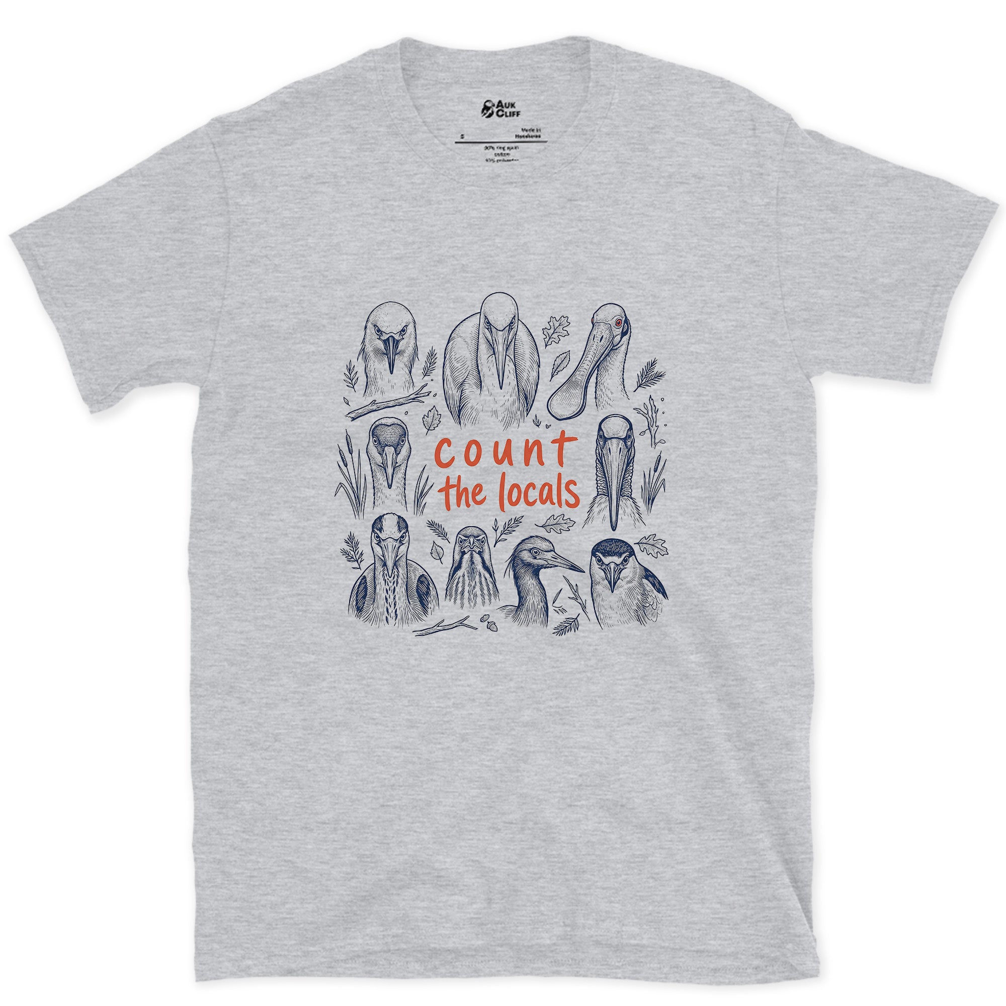 Count the Locals, Seabird Grid With a Puffin design on a Sport Grey Gildan Softstyle t-shirt