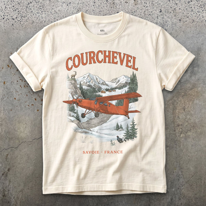 Courchevel Bush Plane design on a Natural Gildan Softstyle t-shirt