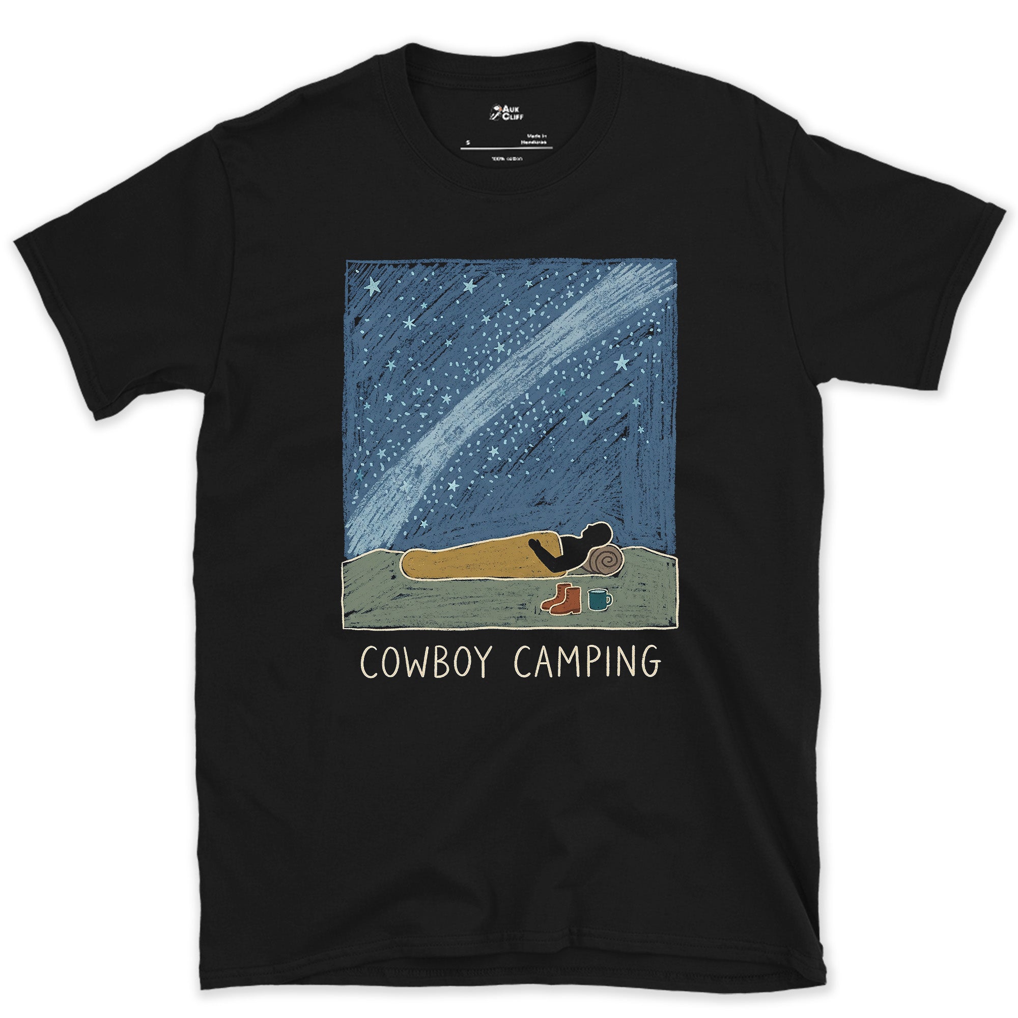 Cowboy Camping Under a Shooting Star design on a Black Gildan Softstyle t-shirt