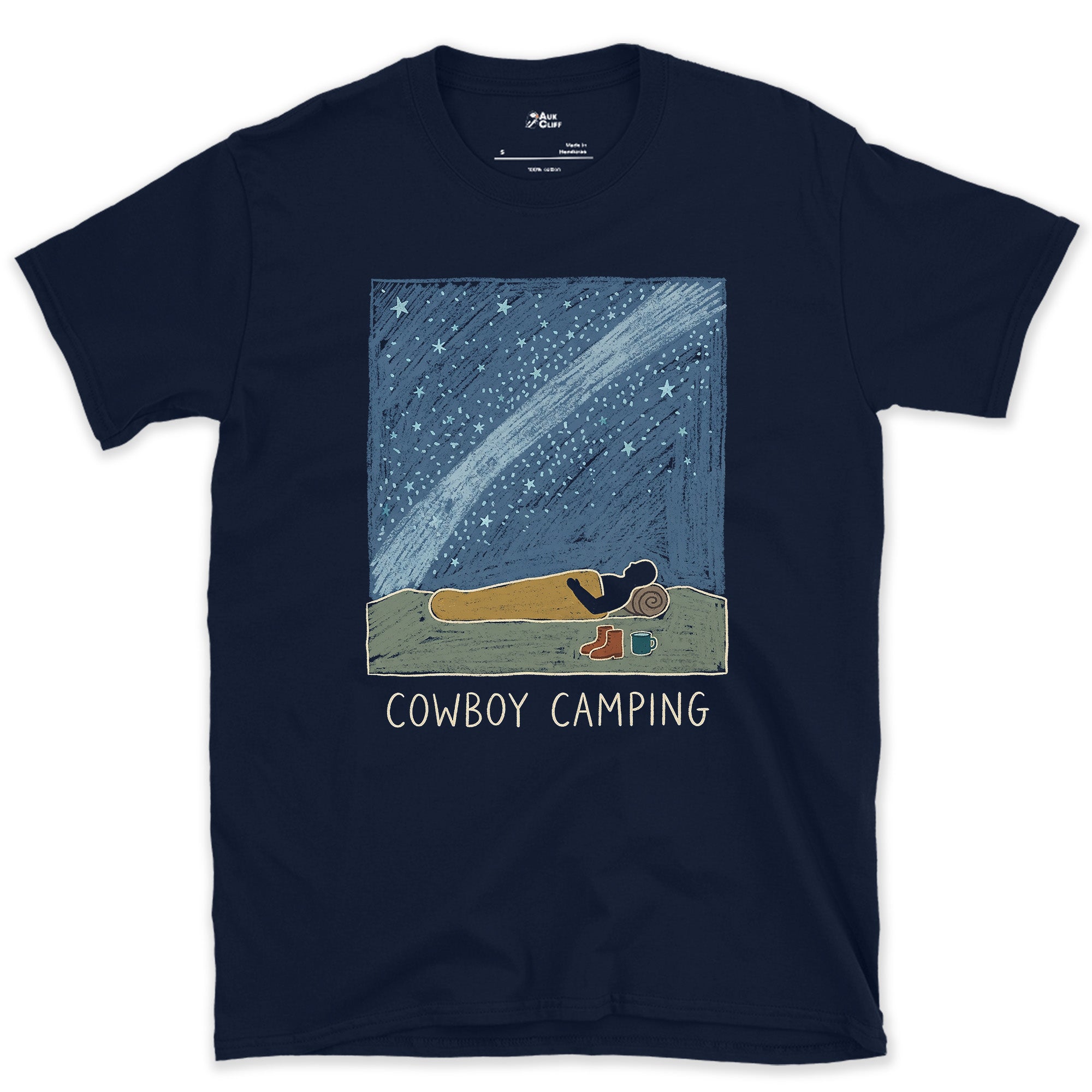 Cowboy Camping Under a Shooting Star design on a Navy Gildan Softstyle t-shirt