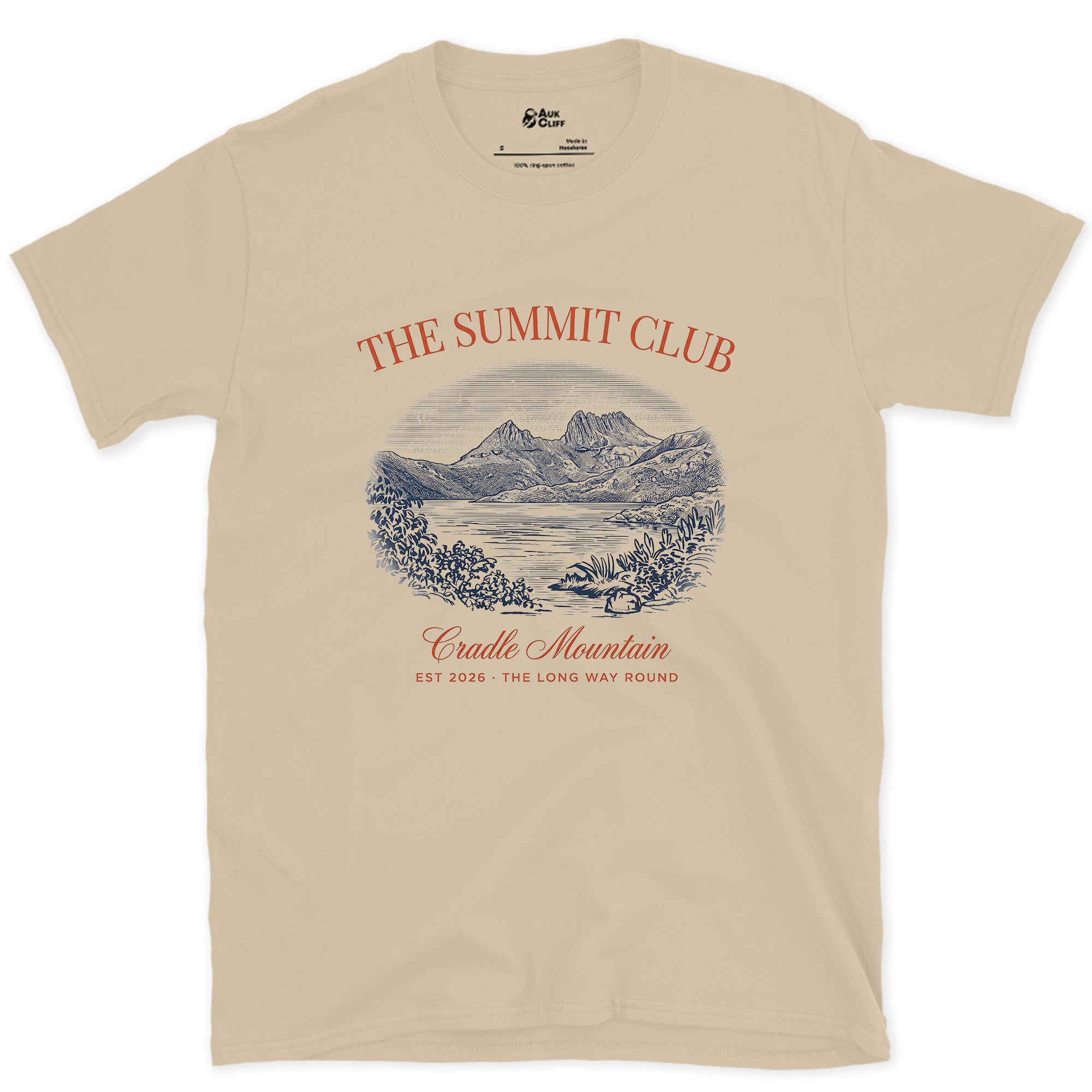The Long Way Round, Cradle Mountain design on a Sand Gildan Softstyle t-shirt