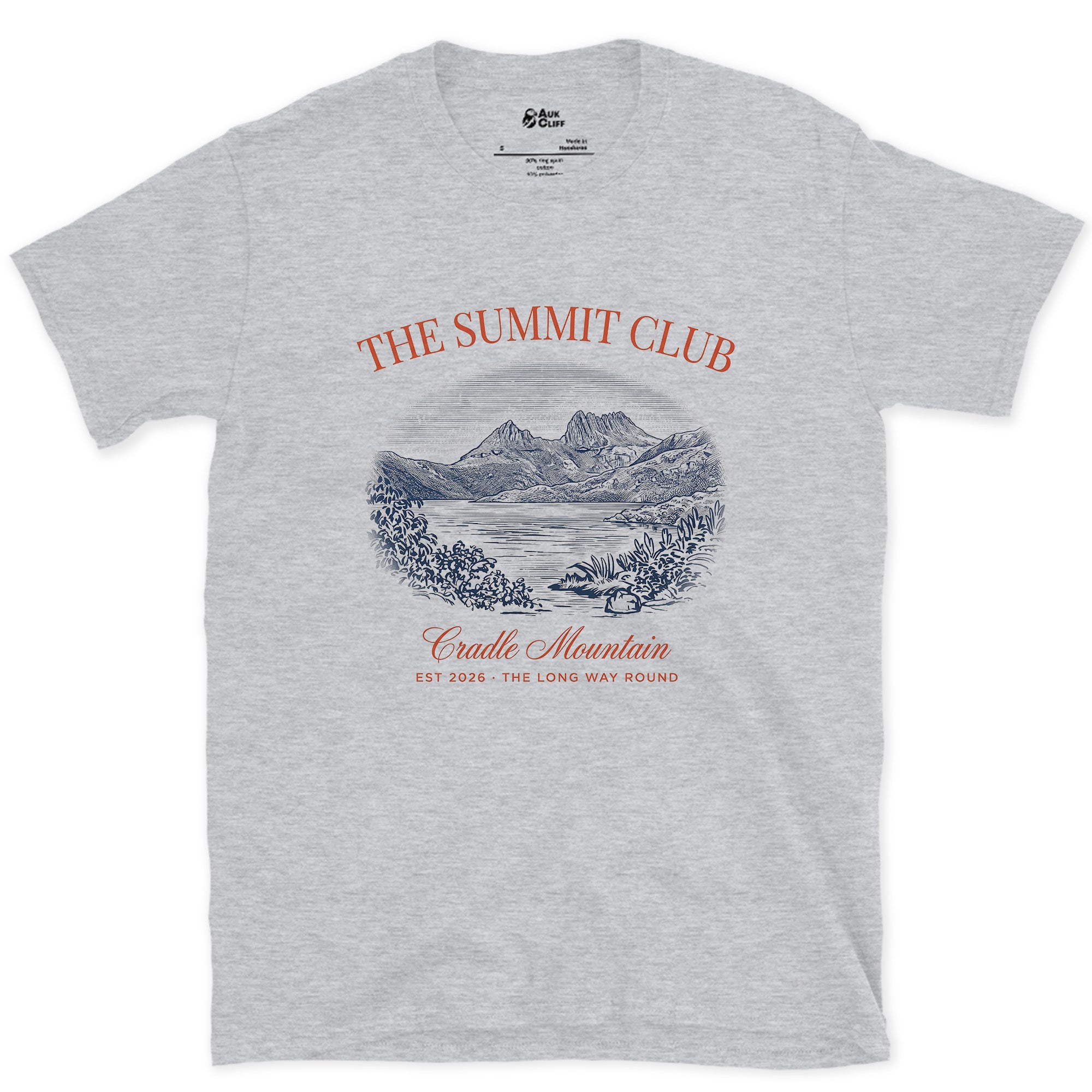 The Long Way Round, Cradle Mountain design on a Sport Grey Gildan Softstyle t-shirt