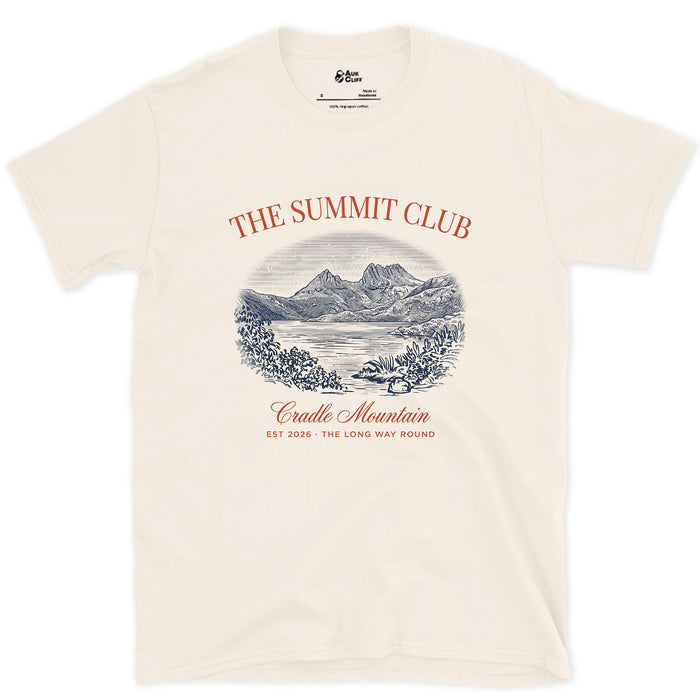 The Long Way Round, Cradle Mountain design on a Natural Gildan Softstyle t-shirt