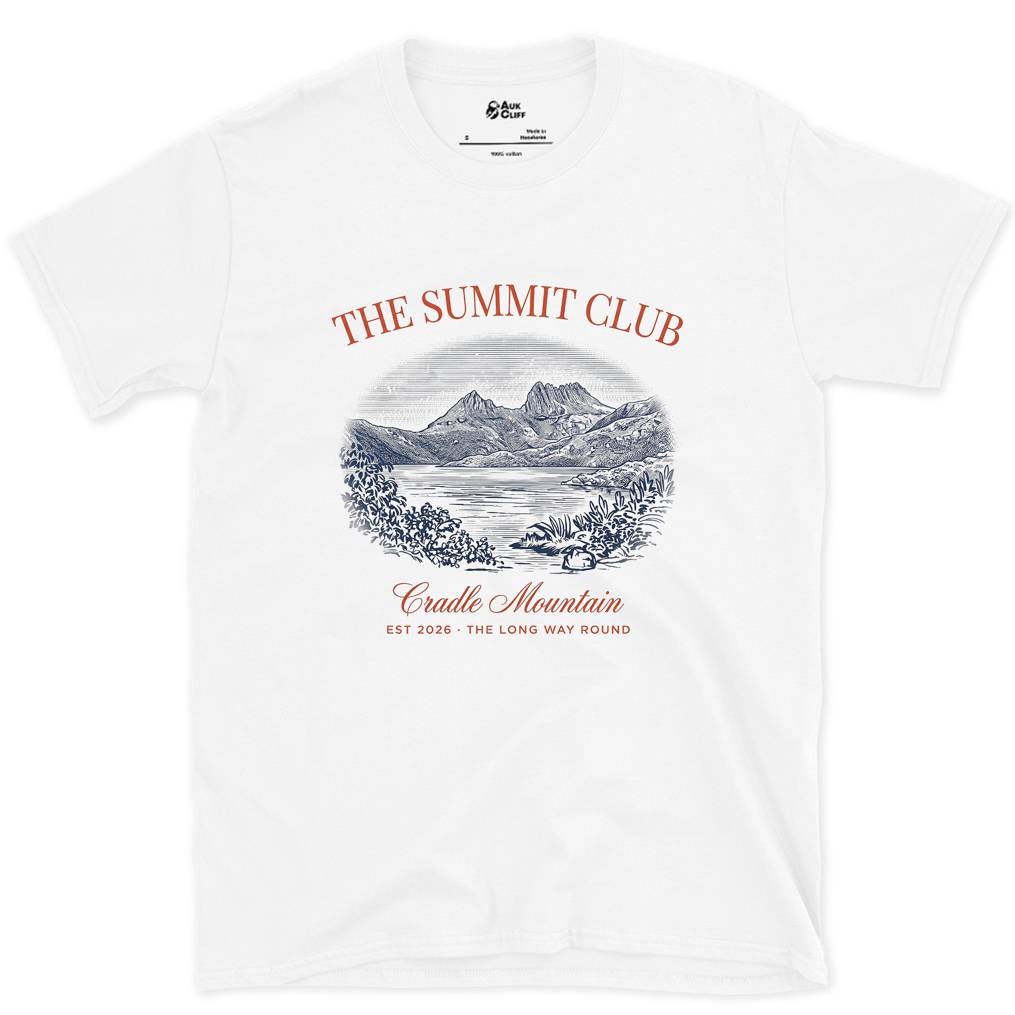 The Long Way Round, Cradle Mountain design on a White Gildan Softstyle t-shirt