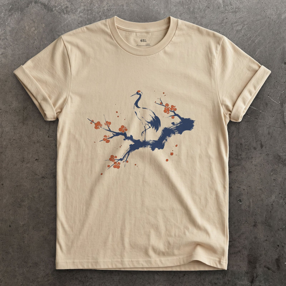 Crane in a Cherry Tree design on a Sand Gildan Softstyle t-shirt
