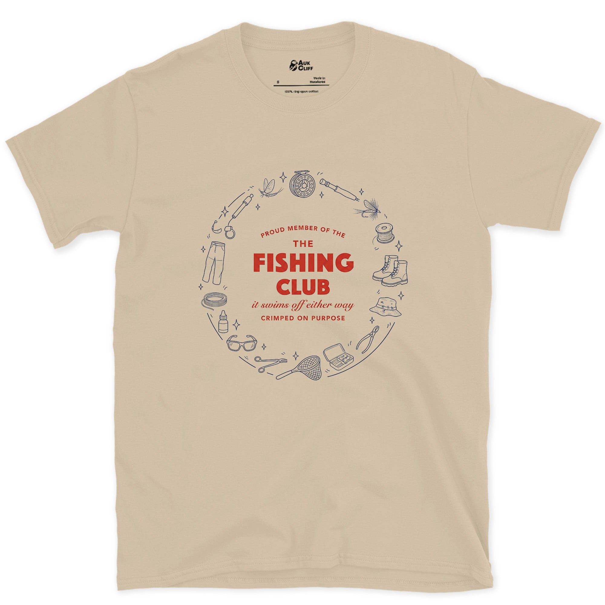 Fishing Club, Ringed in Tackle design on a Sand Gildan Softstyle t-shirt