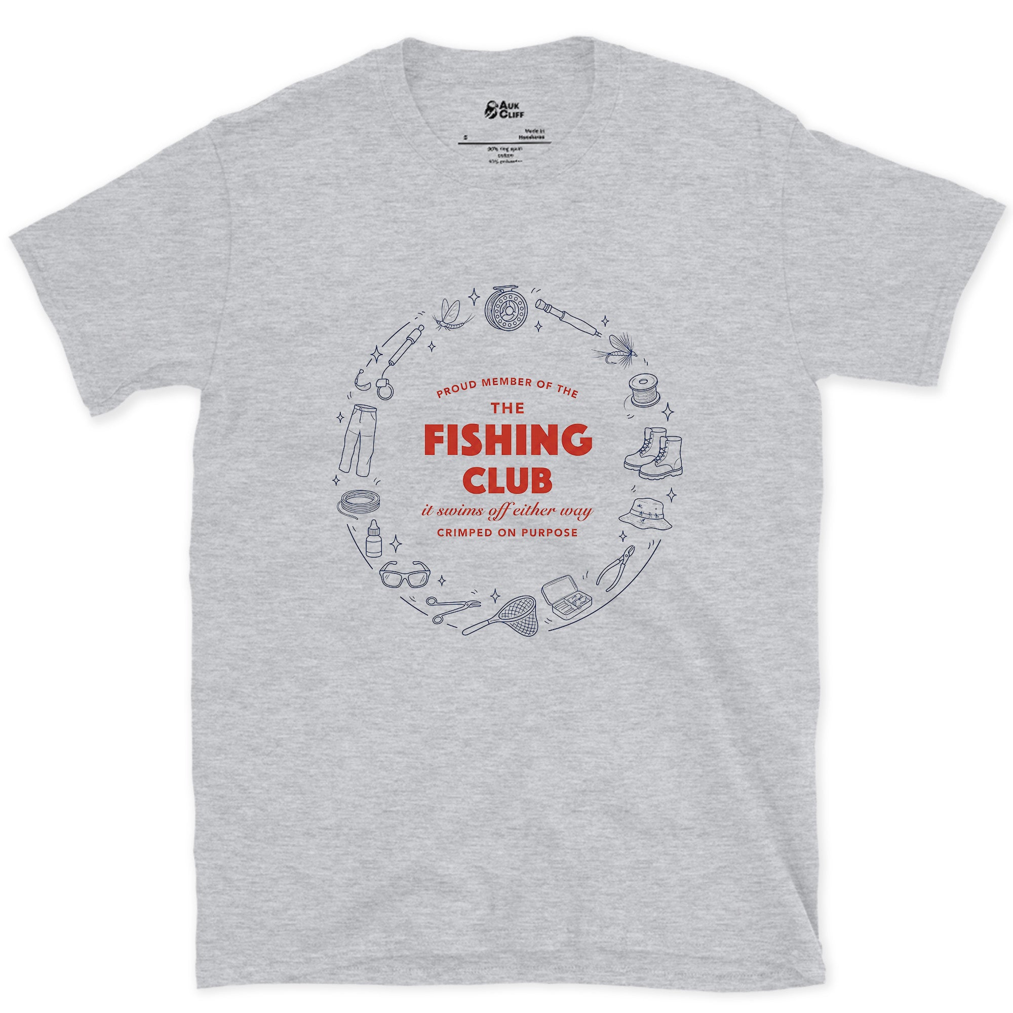 Fishing Club, Ringed in Tackle design on a Sport Grey Gildan Softstyle t-shirt