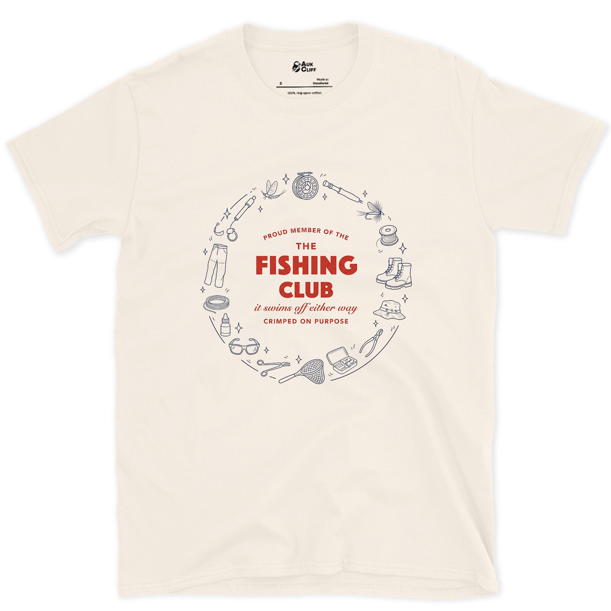 Fishing Club, Ringed in Tackle design on a Natural Gildan Softstyle t-shirt
