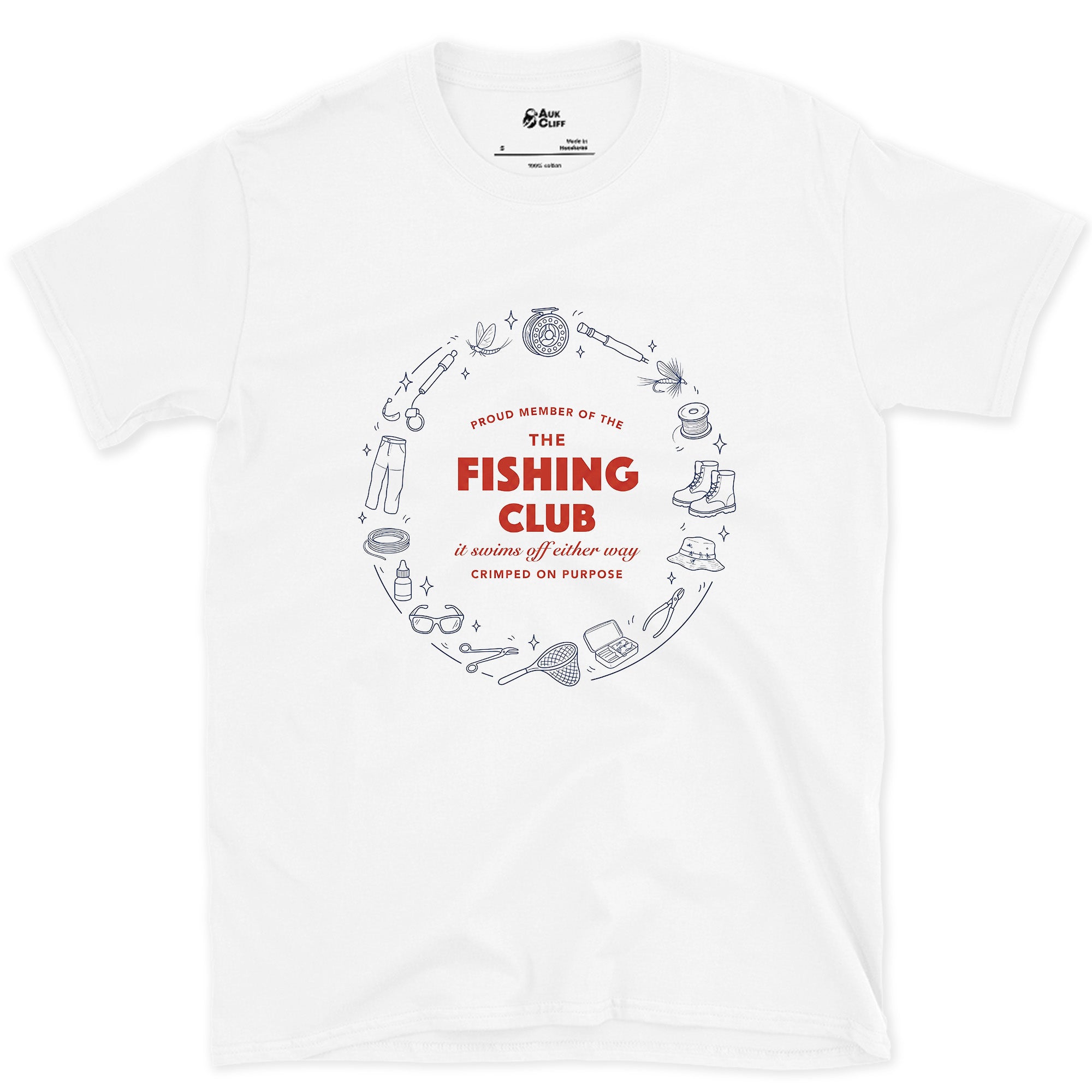 Fishing Club, Ringed in Tackle design on a White Gildan Softstyle t-shirt